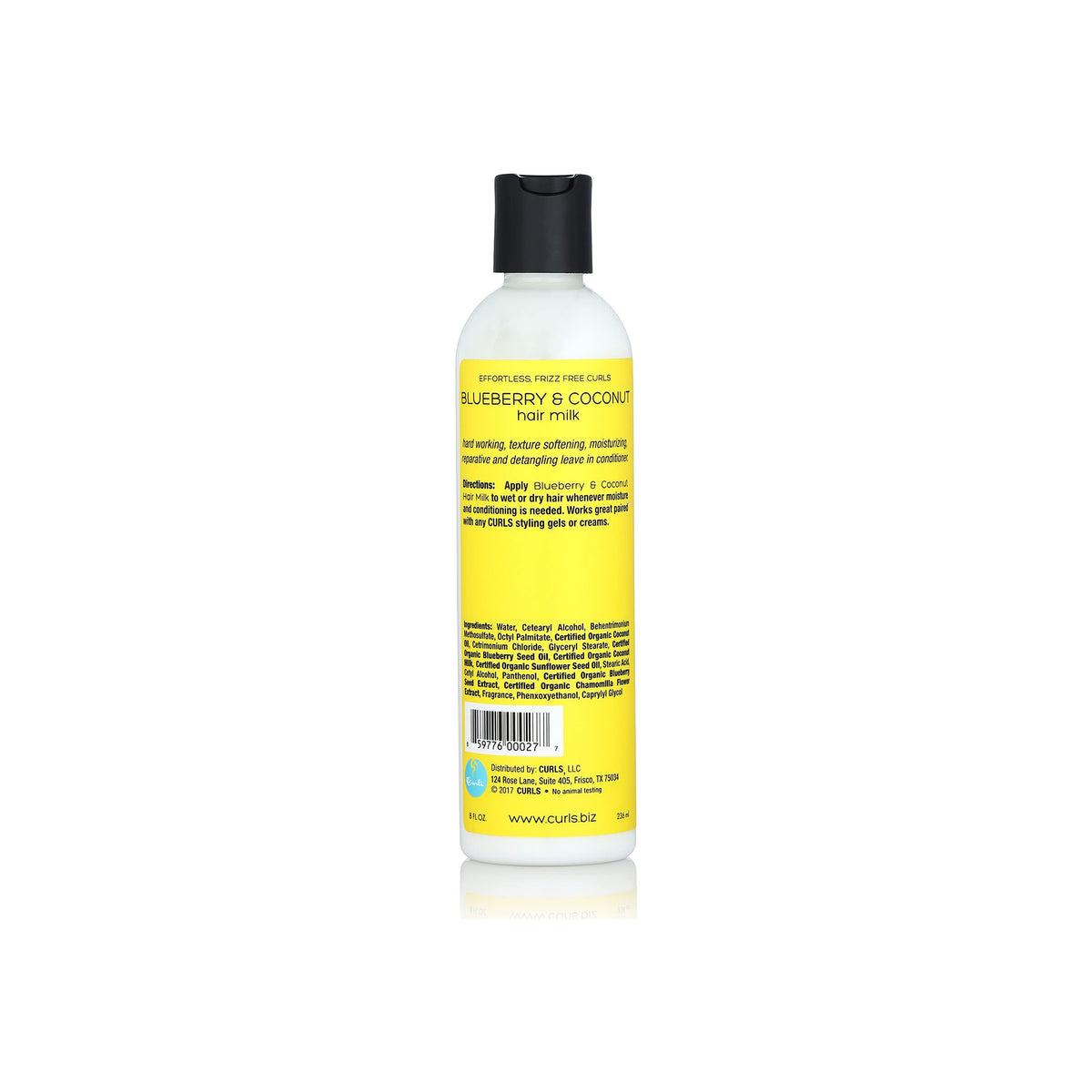 Bottle of Curls Blueberry & Coconut Hair Milk, 236 ml, back view with yellow label and black details showing product description and ingredients.