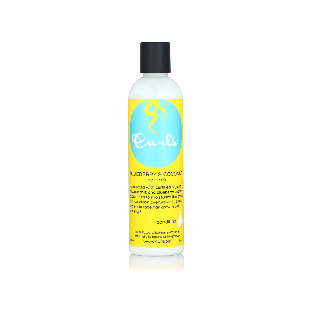 Bottle of Curls Blueberry & Coconut Hair Milk with yellow label and black cap.