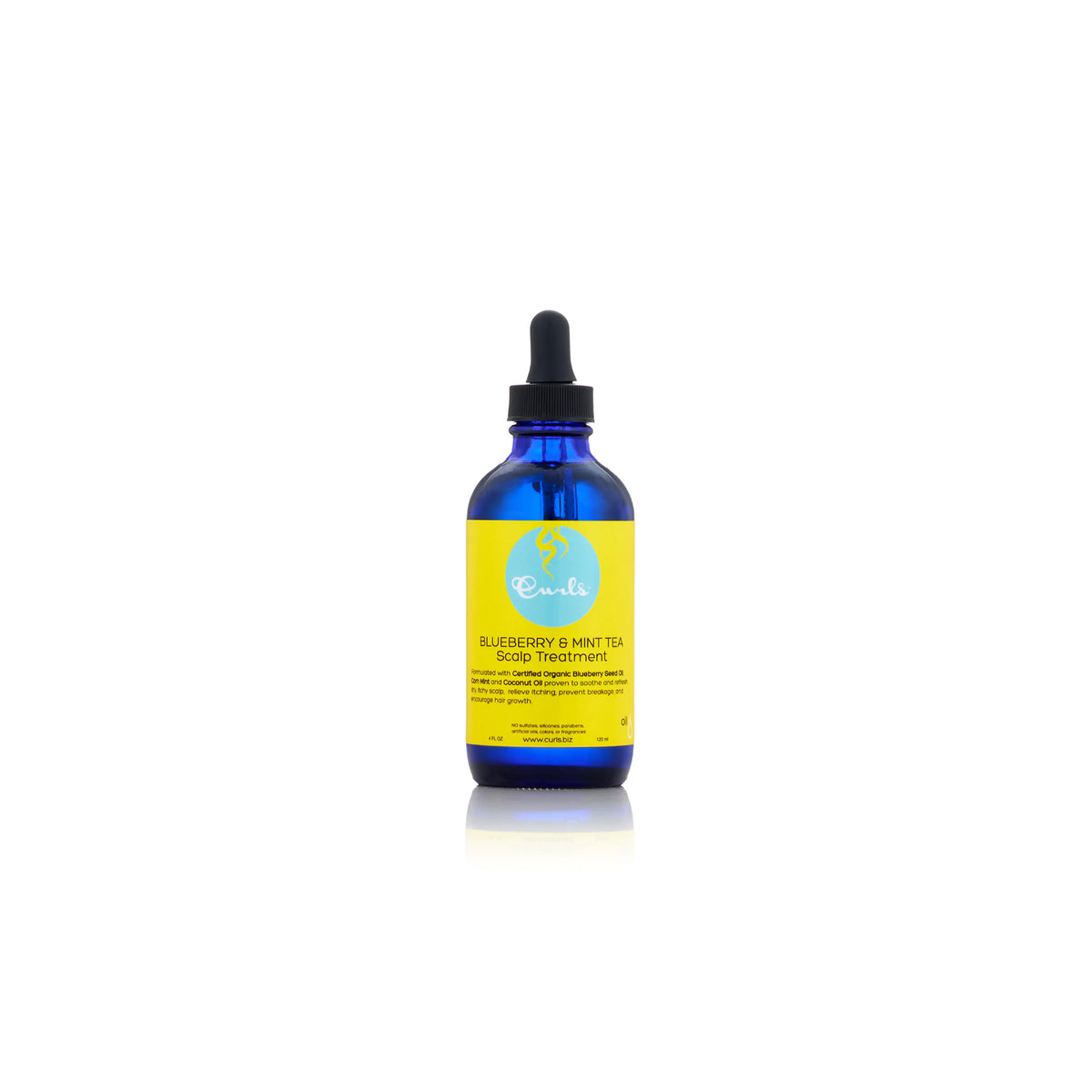 Bottle of Curls Blueberry & Mint Tea Scalp Treatment with dropper.