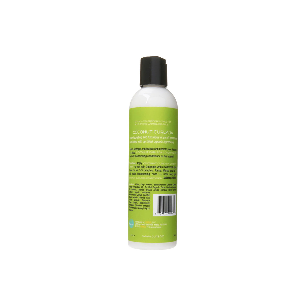 The back of Curls Coconut Curlada Conditioner (240ml). White bottle with black lid and green label showing the list of ingredients and instructions for use. Conditioner with coconut for curly hair.