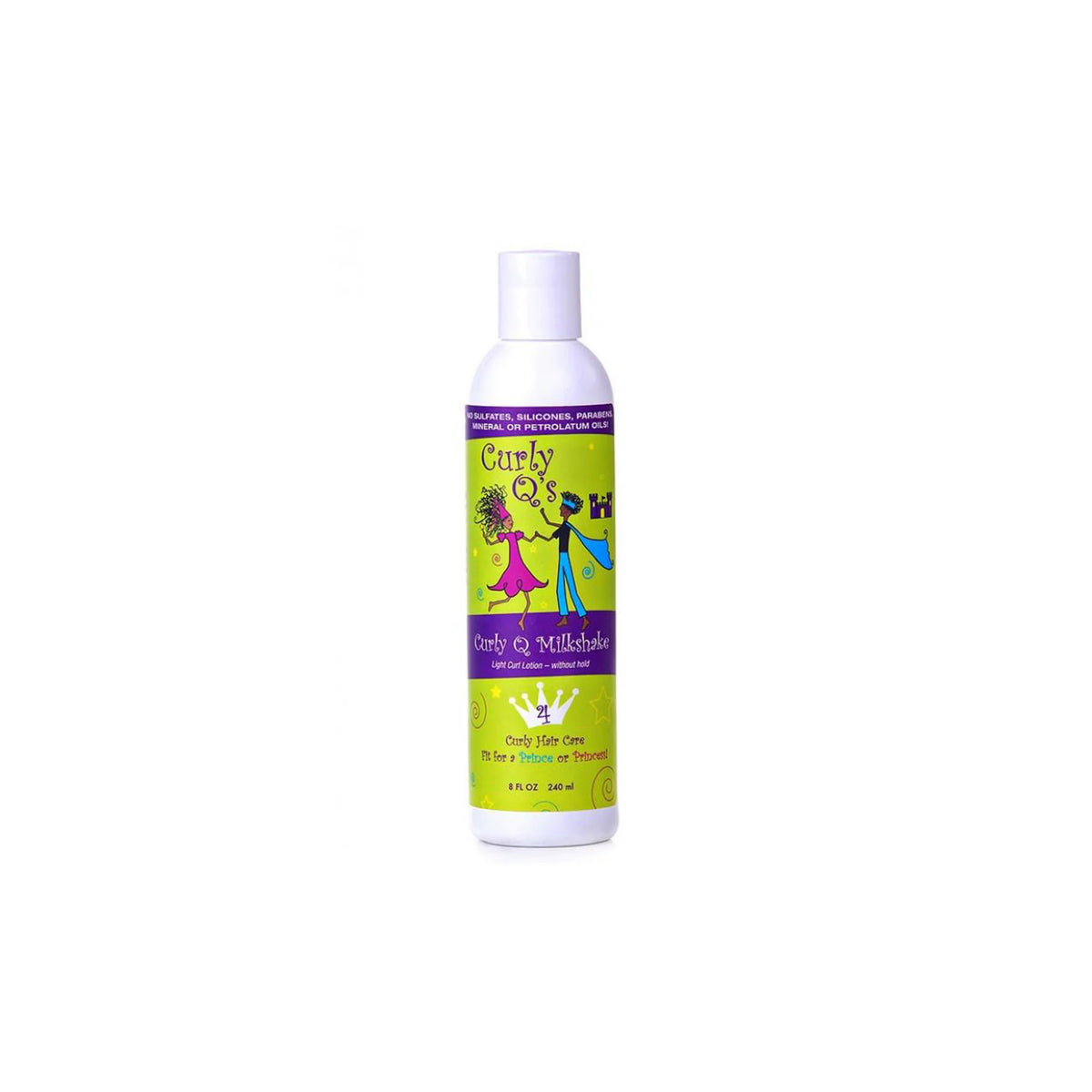 Curls Curly Q's Milkshake Curl Lotion for fine curly hair (240 ml). White bottle with green, purple and pink label with cartoon characters.