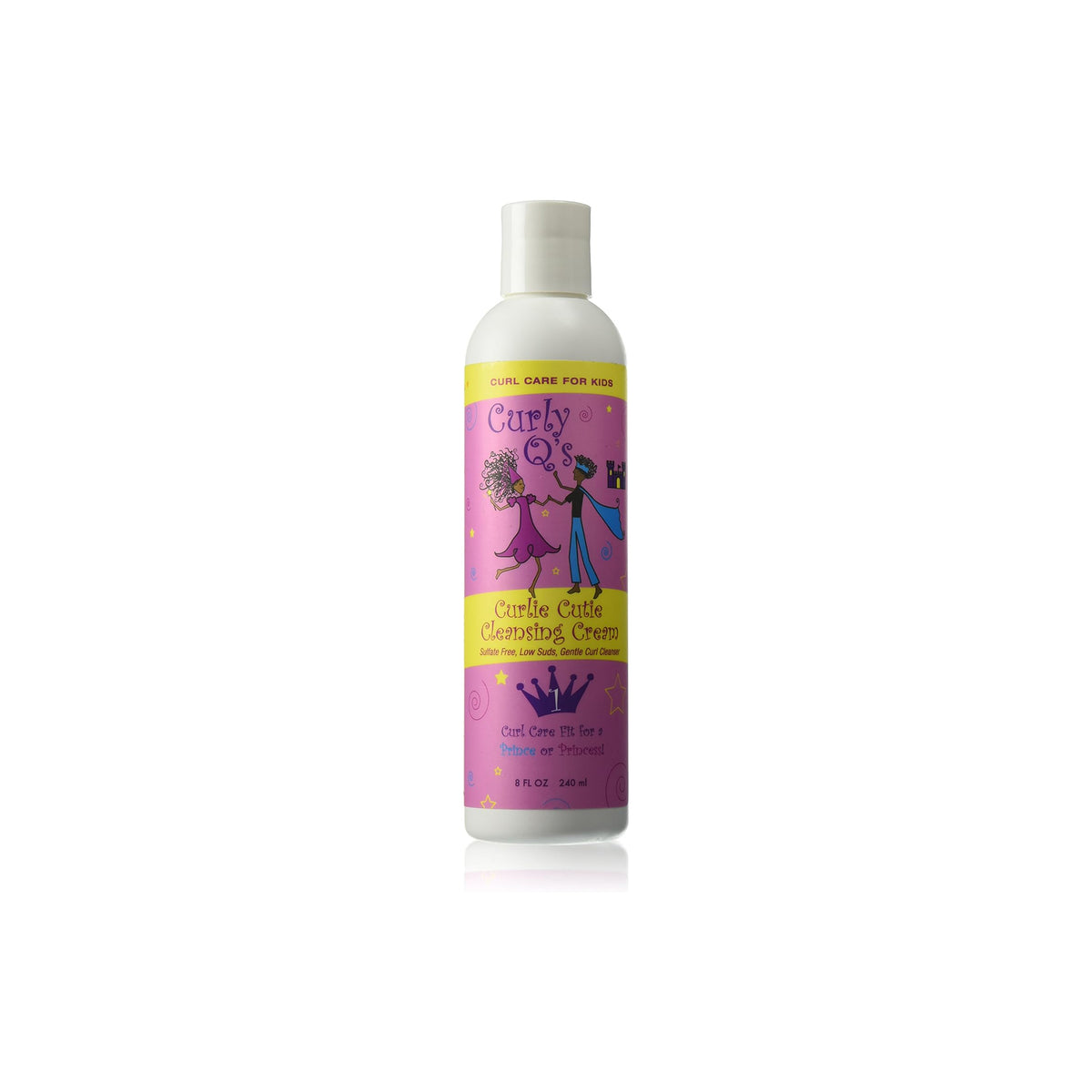 Curls Curly Q's Curlie Cutie Cleansing Cream (240 ml). White bottle with pink and purple label with cartoon characters.