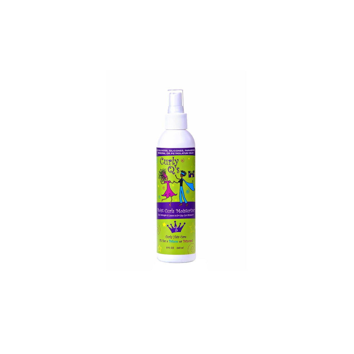 Curls Curly Q's Moist Curls Moisturizer and Detangler (240 ml). White spray bottle with colorful label with cartoon characters.