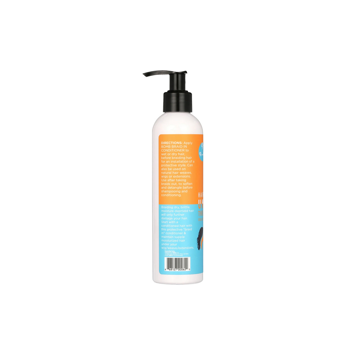 The back of Curls Hair Under There Bomb Braid In Conditioner (236 ml). White bottle with orange and turquoise label with instructions for use. 