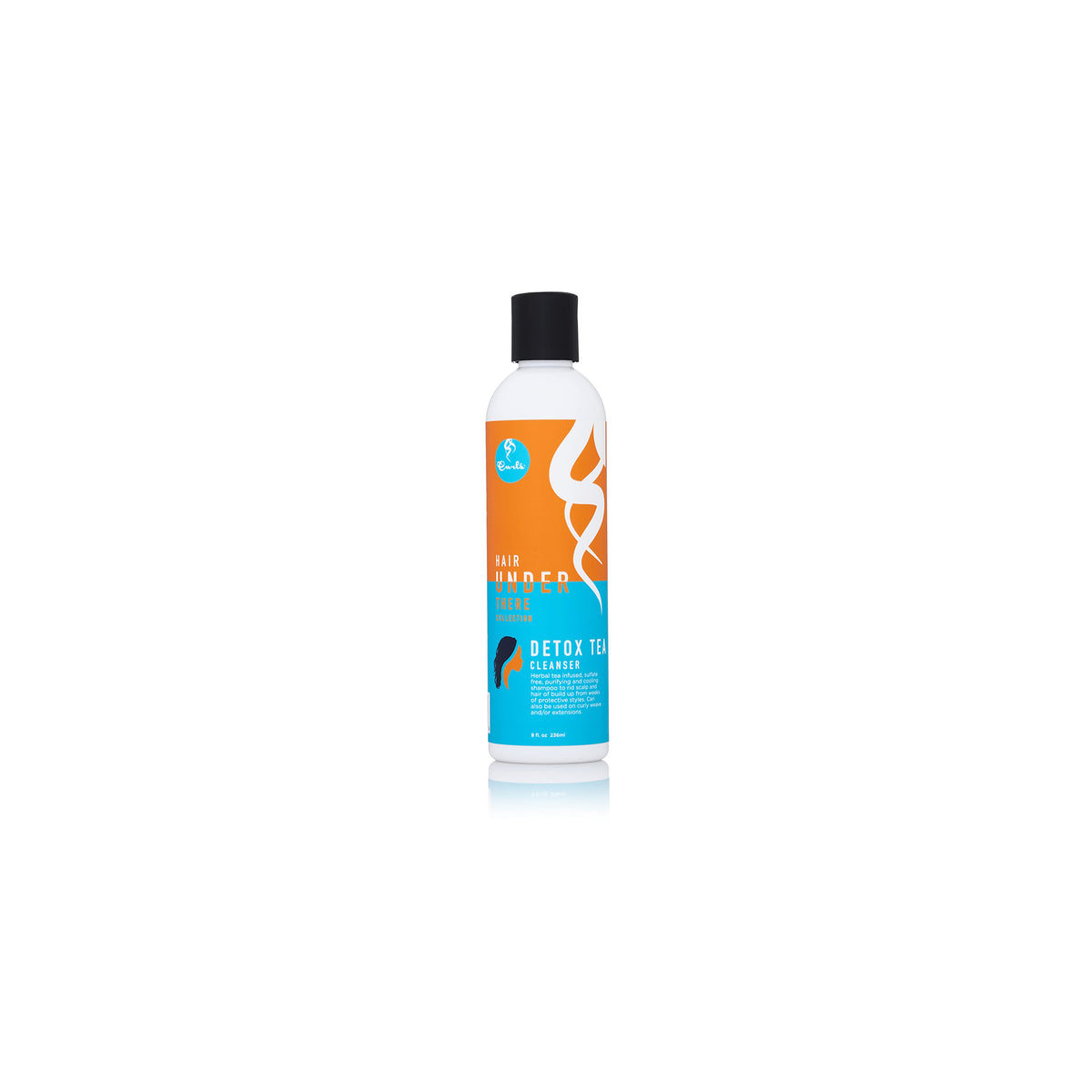 Curls Hair Under There Detox Tea Cleansing Shampoo (236 ml). White bottle with orange and turquoise label. 