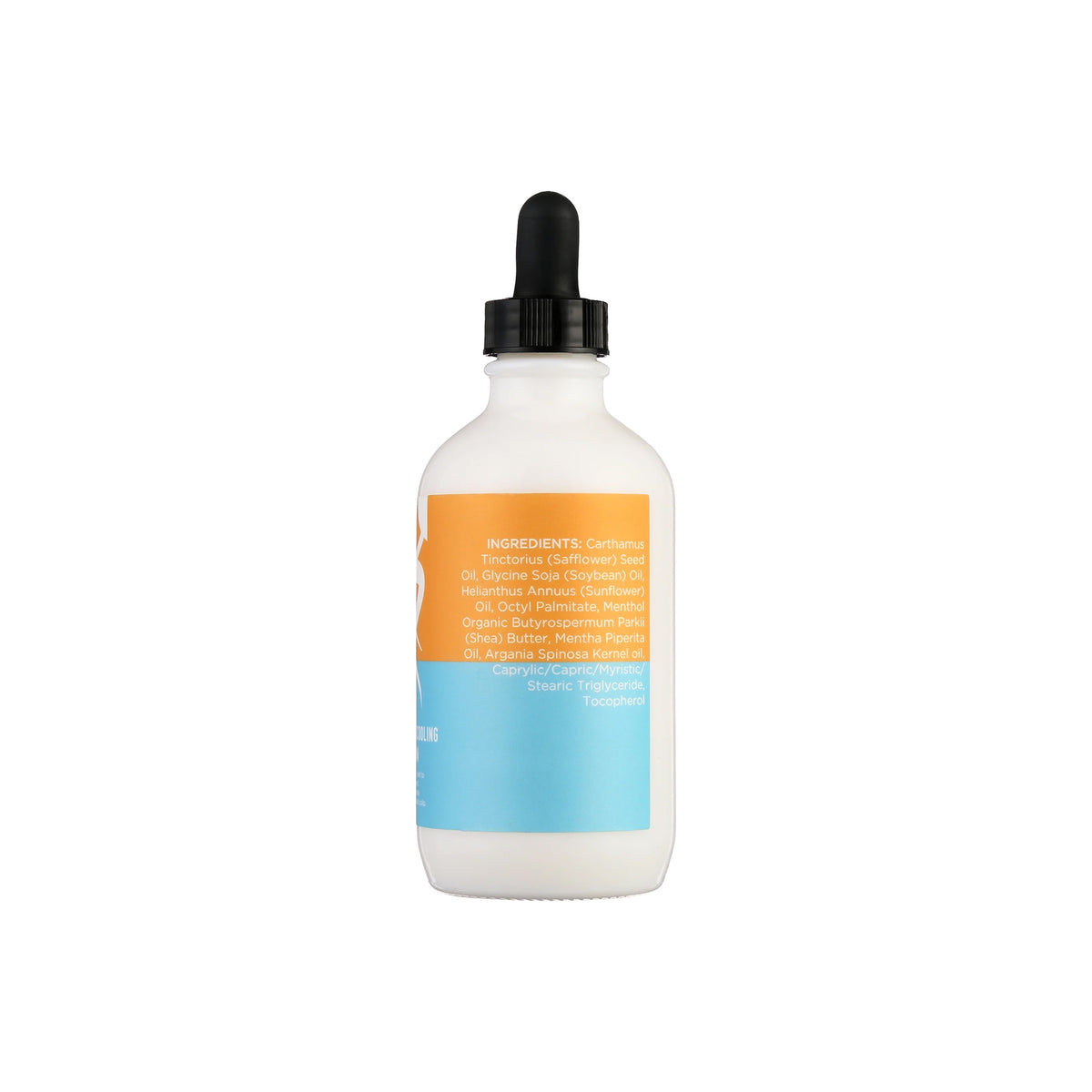 The back of Curls Hair Under There Soothing & Cooling Scalp Potion (120ml). White bottle with orange and turquoise label with list of ingredients.