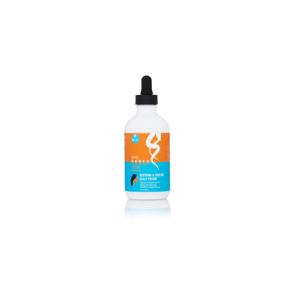Curls Hair Under There Soothing & Cooling Scalp Potion (120 ml). White bottle with orange and turquoise label and dropper.