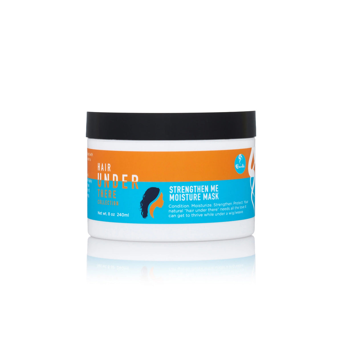 Curls Hair Under There Strengthen Me Moisture Mask (240 ml). White container with orange and blue label. Moisturizing hair mask for hair care under wigs/extensions.