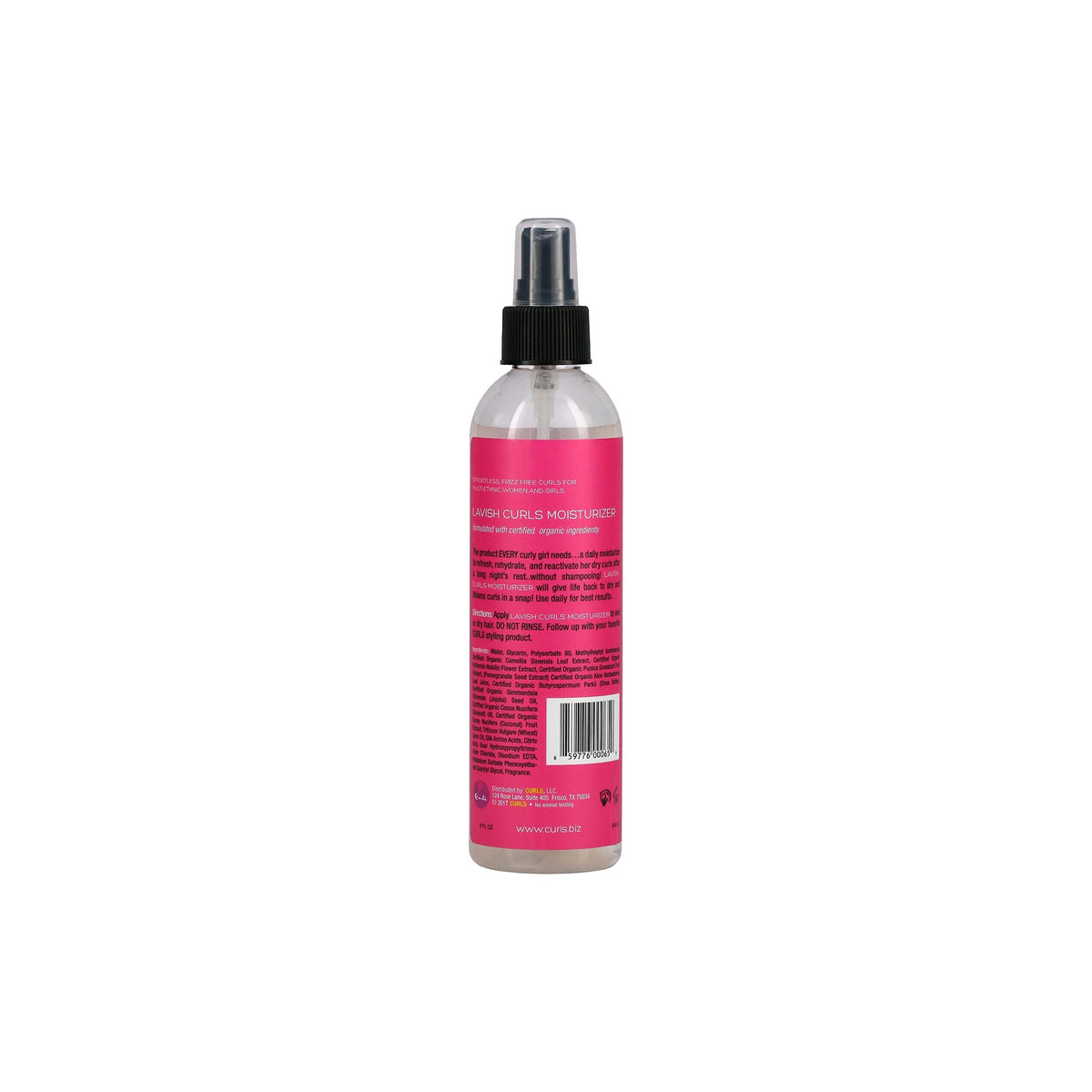 Curls Lavish Curls Moisturizer (240 ml) back. Clear spray bottle with pink label showing ingredients and instructions for use. Moisturizing spray for curls.