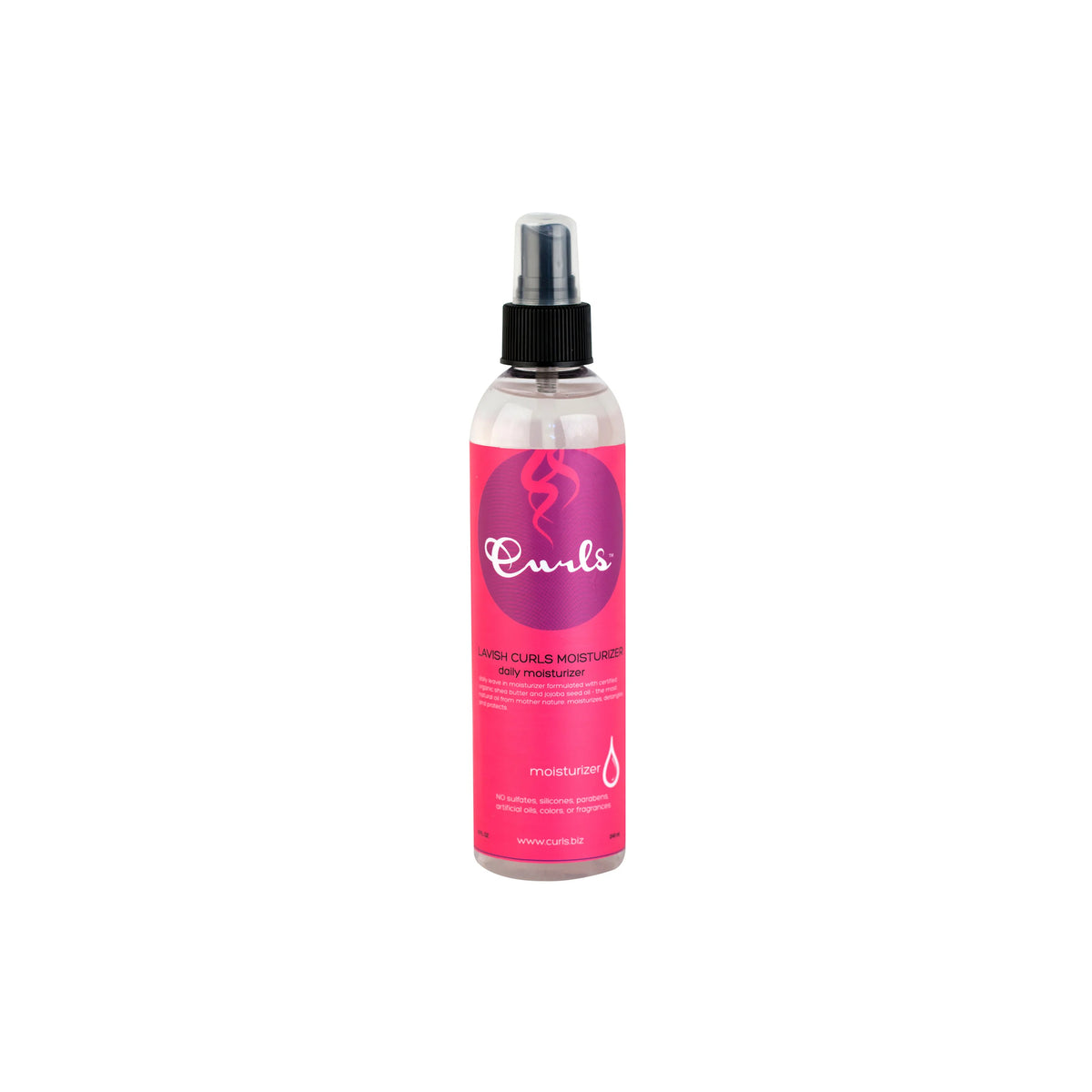 Curls Lavish Curls Moisturizer (240 ml) in clear spray bottle with pink label. Moisturizing spray for curly hair.