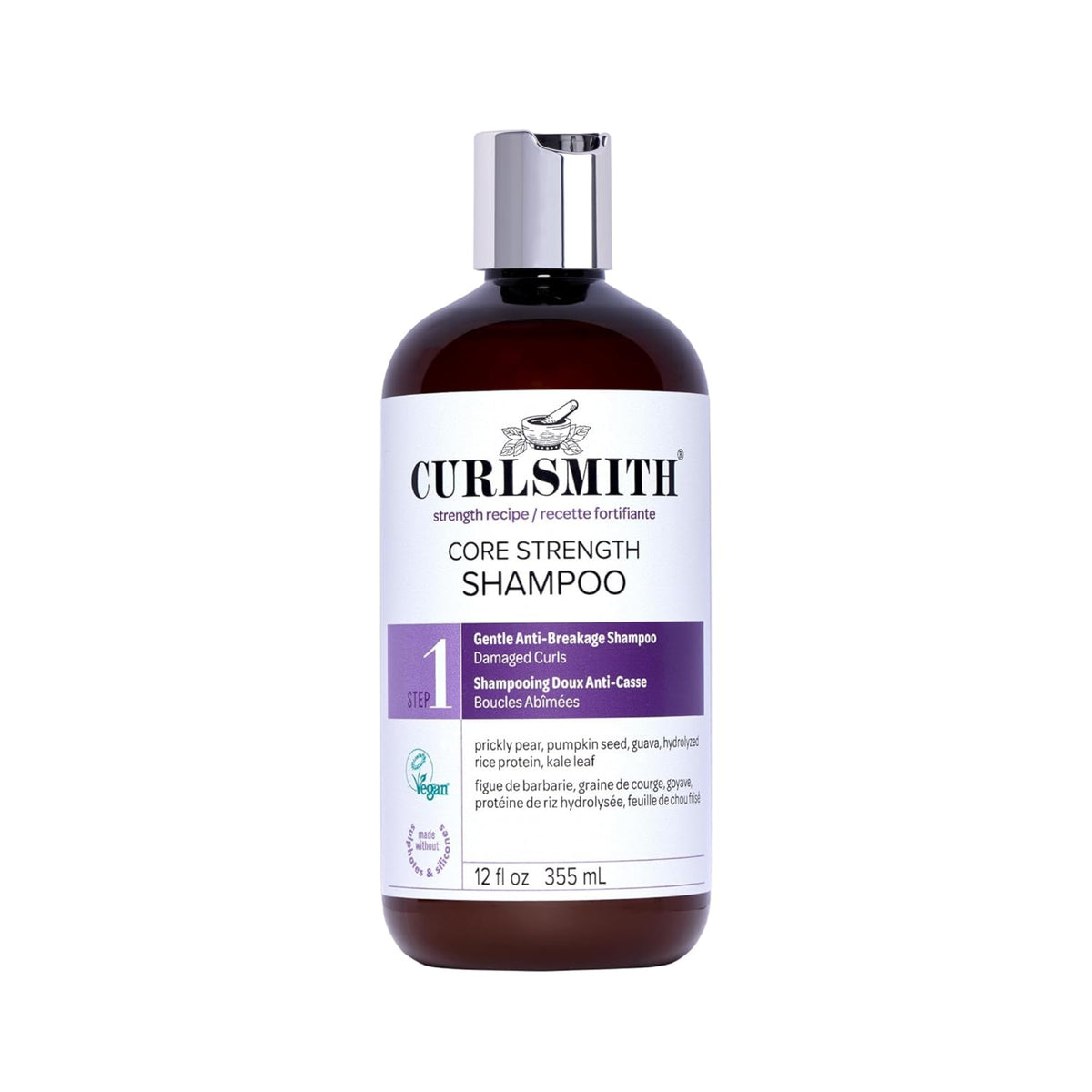 Curlsmith Core Strength Shampoo in brown bottle with silver lid and purple label, 355 ml.
