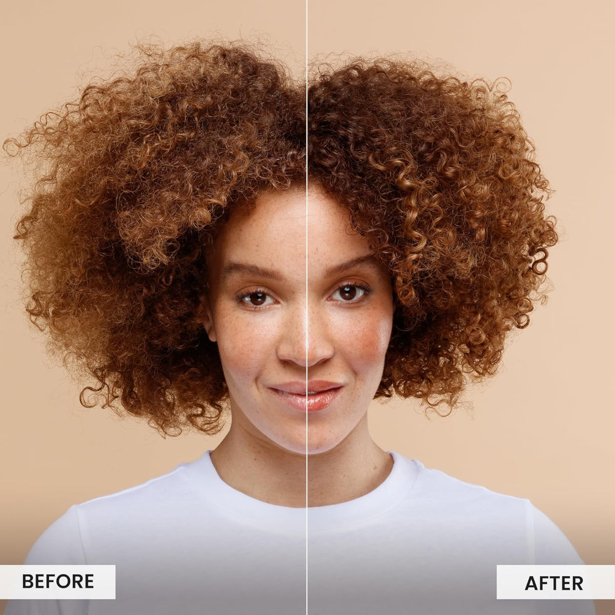 Before and after comparison of curly hair: dry, irregular frizz on the left and shiny, defined curls on the right after hair care treatment.