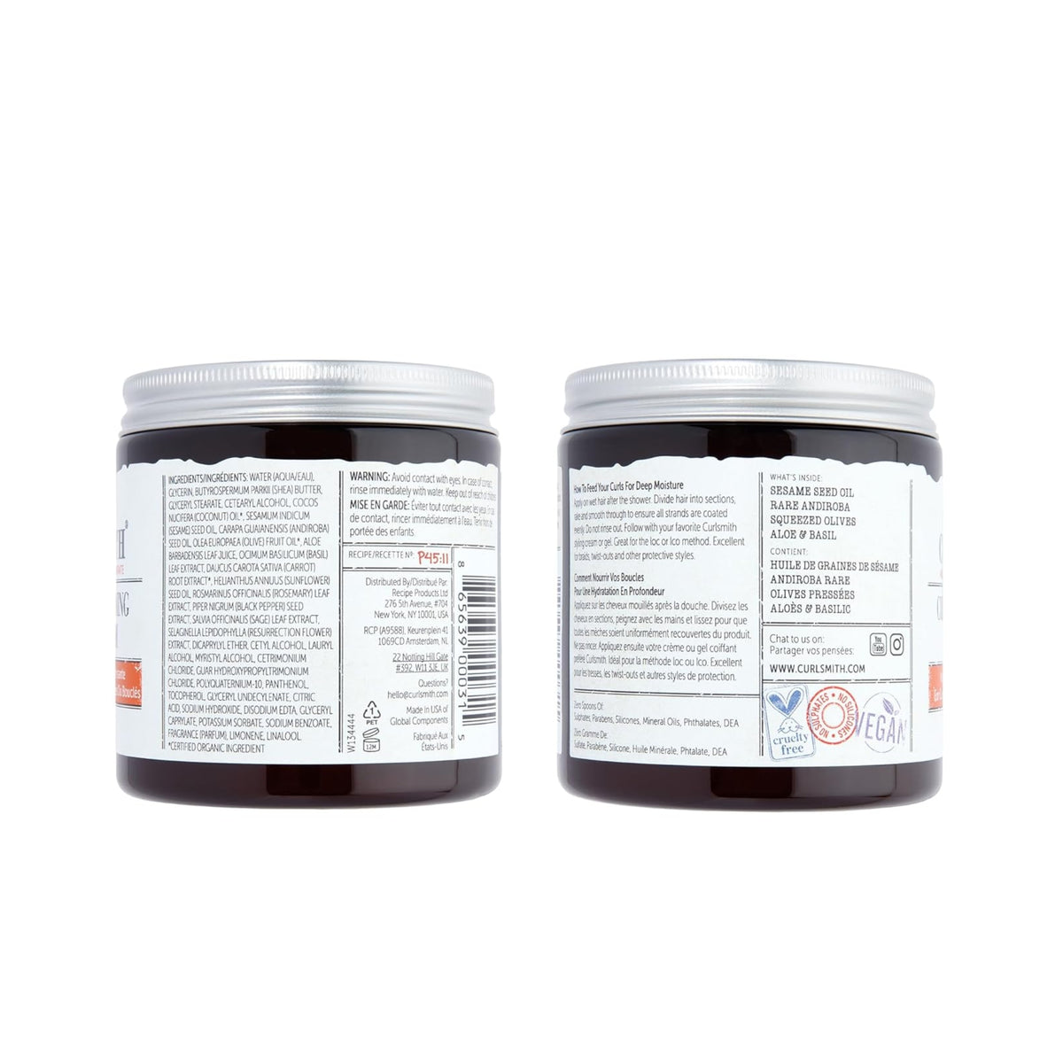 Curlsmith Coily Curl Feeding Cream in dark glass jars with labels showing ingredients and instructions for use.