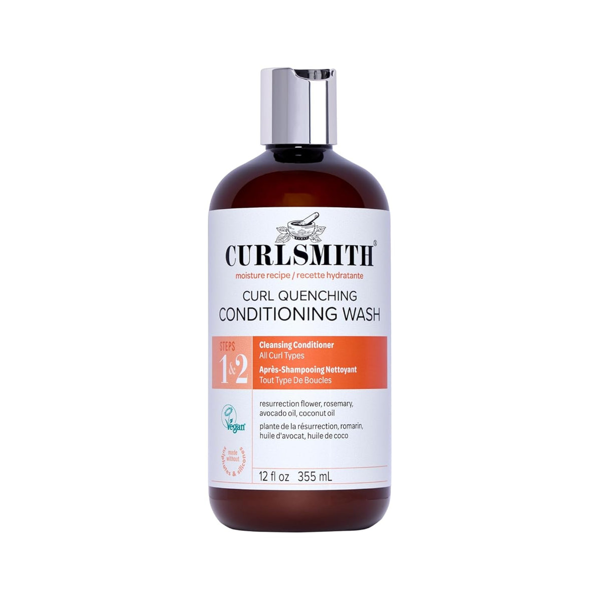 Curlsmith Curl Quenching Conditioning Wash in brown 355ml bottle with white and orange label.