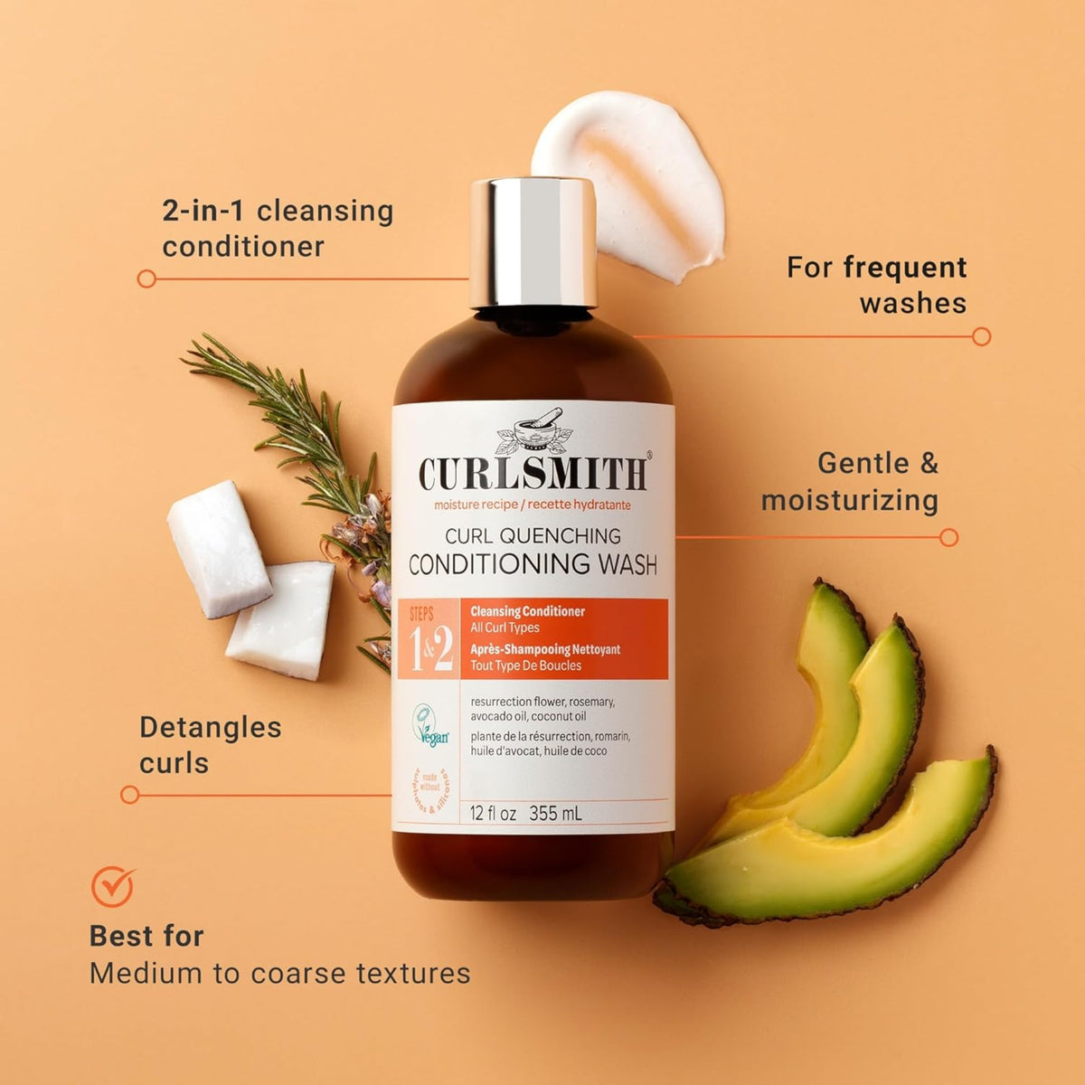 Curlsmith Curl Quenching Conditioning Wash, brown bottle with white label, surrounded by rosemary, coconut pieces and avocado slices on orange background.