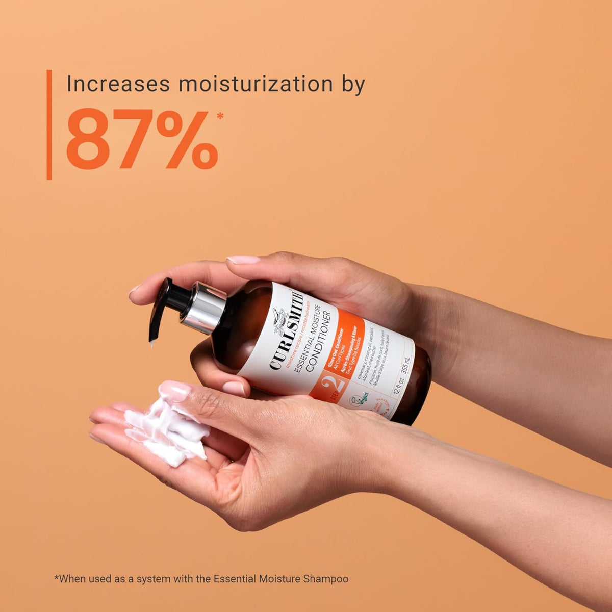 Curlsmith Essential Moisture Conditioner in hand with cream, increases moisture in the hair by 87%.