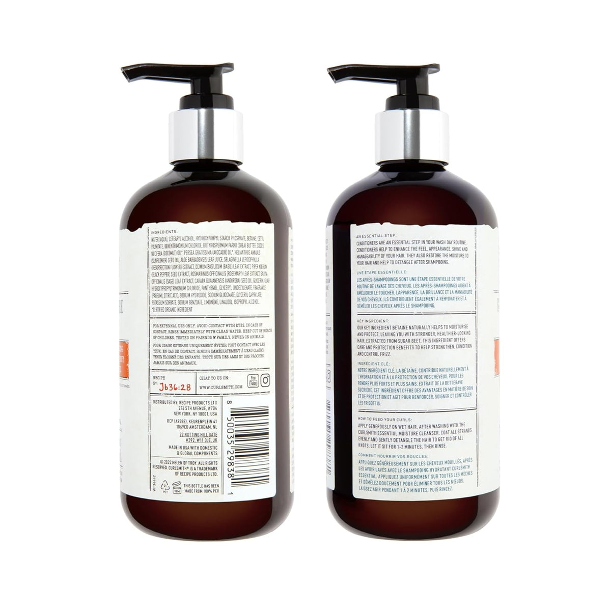 Two brown Curlsmith hair care bottles with pump, showing ingredients list and instructions for use in English and French.