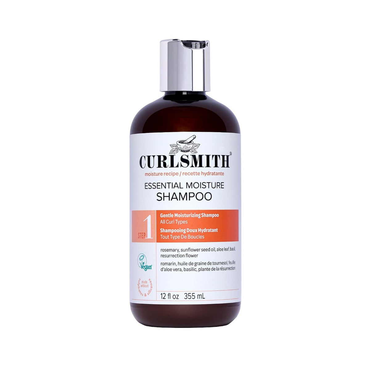 Curlsmith Essential Moisture Shampoo in brown bottle with silver lid and white label, Step 1 for all curl types.