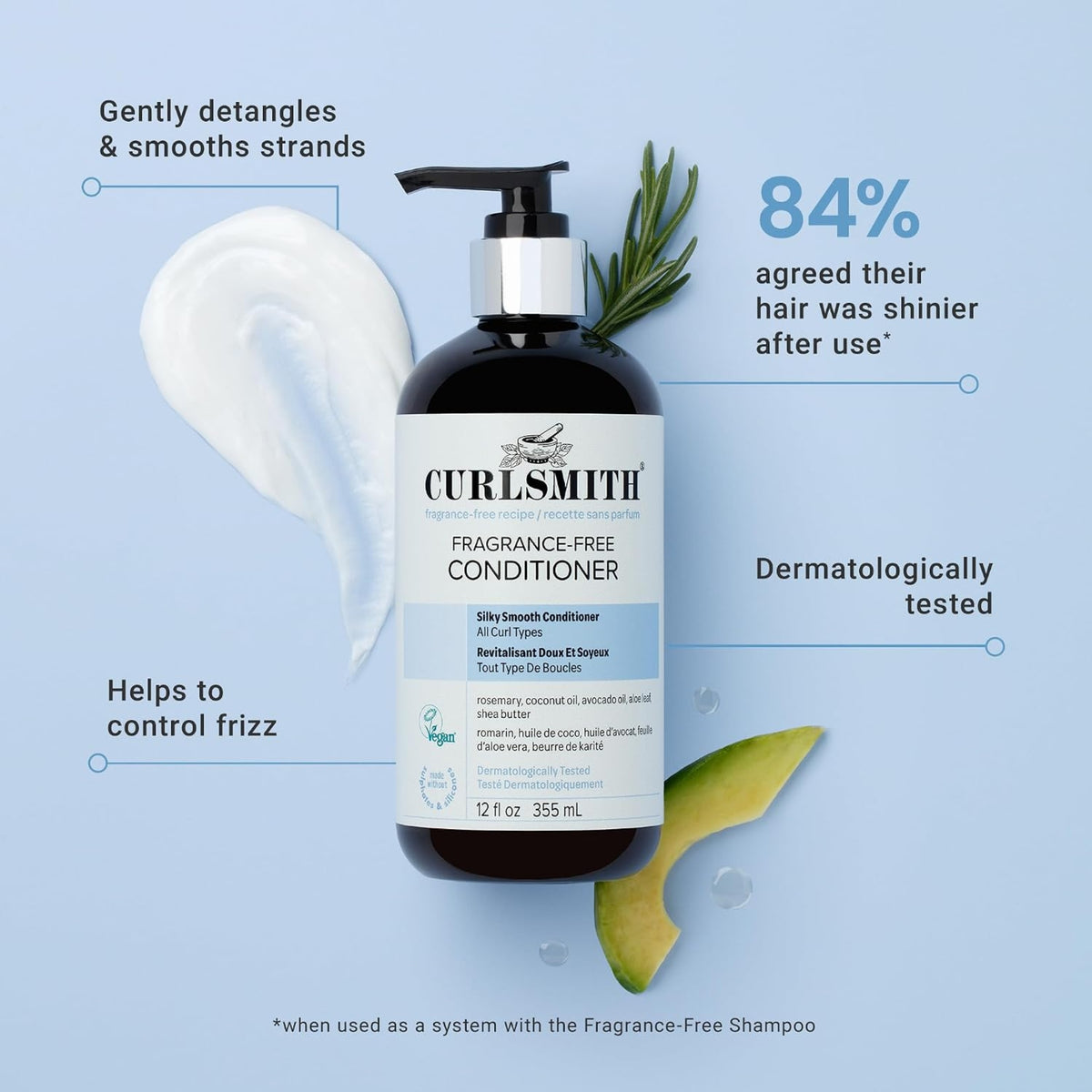 Curlsmith Fragrance-Free Conditioner Bottle with Rosemary and Avocado, 84% experienced shiny hair.