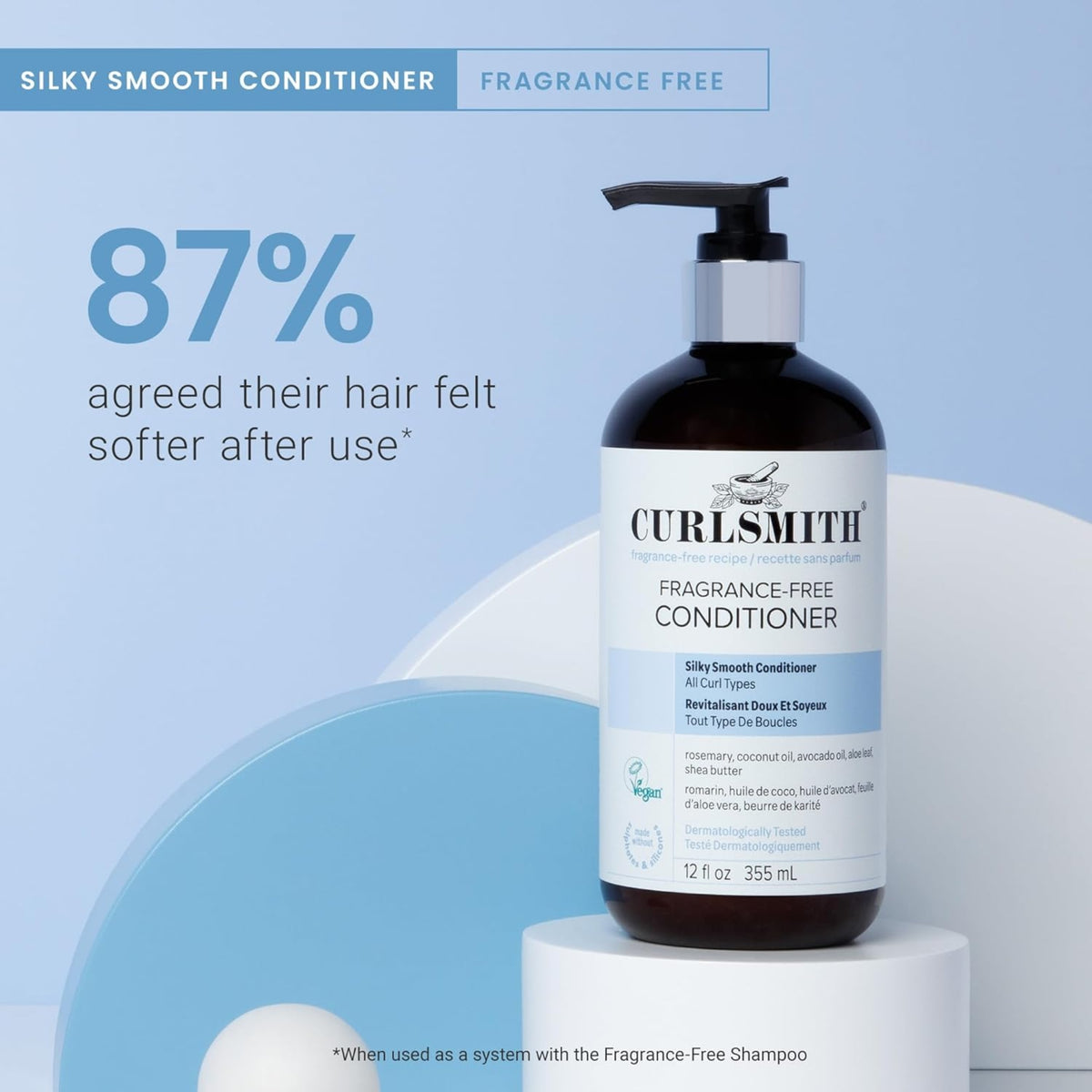 Curlsmith Fragrance-Free Conditioner bottle on white base, blue background with statistics: 87% got softer hair.