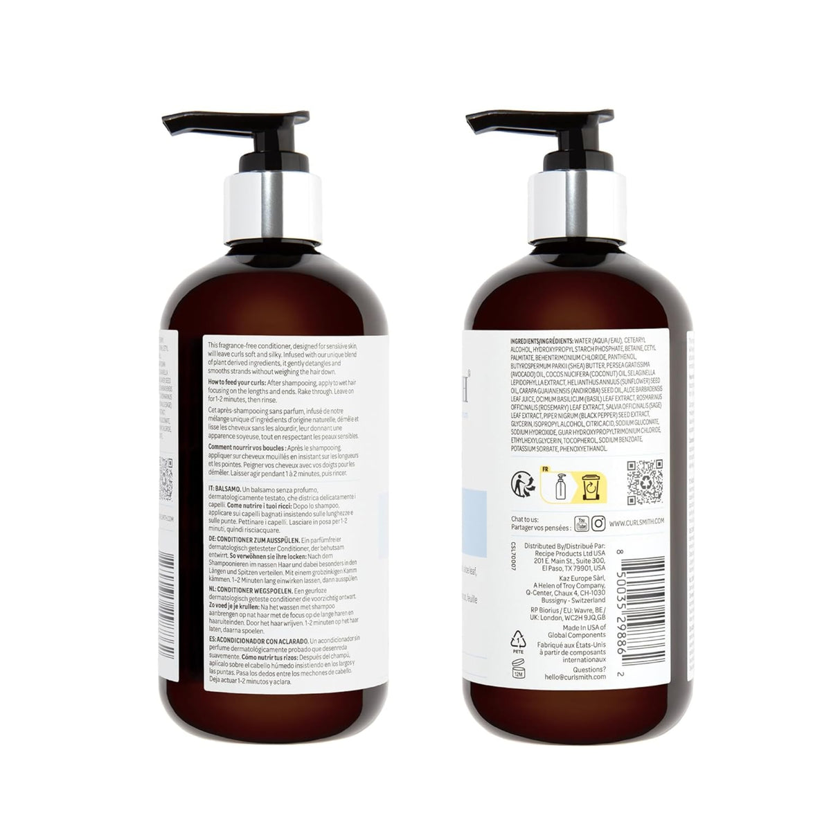 Two brown Curlsmith conditioner bottles with black pump, listing ingredients and instructions on multilingual label.