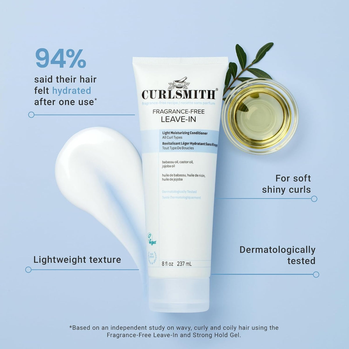 Curlsmith Fragrance-Free Leave-In Conditioner with Olive Branch and Oil, 94% experienced hydrated hair after one use.
