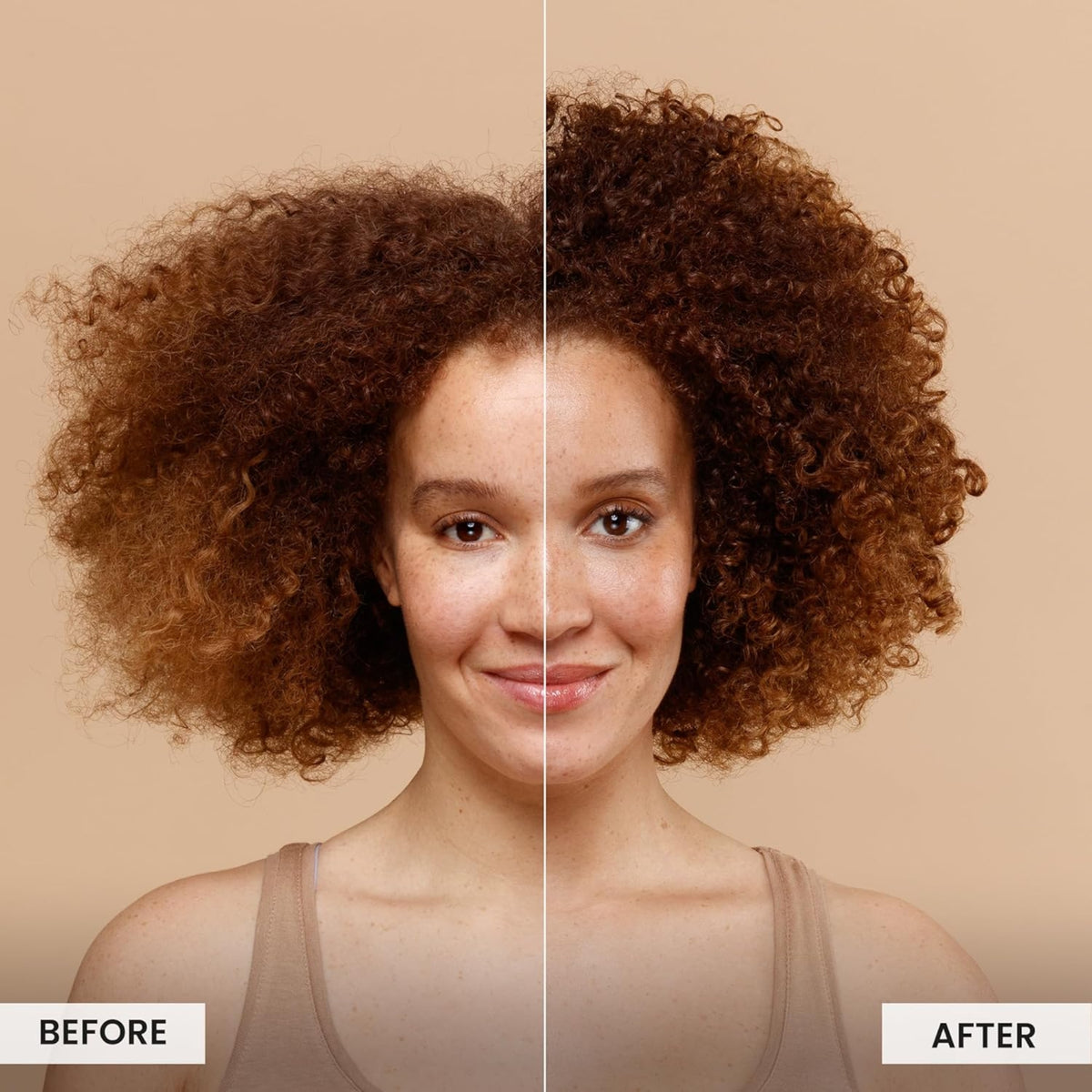 Before and after image of curly hair showing clearly more defined and shiny curls after using hair care product.