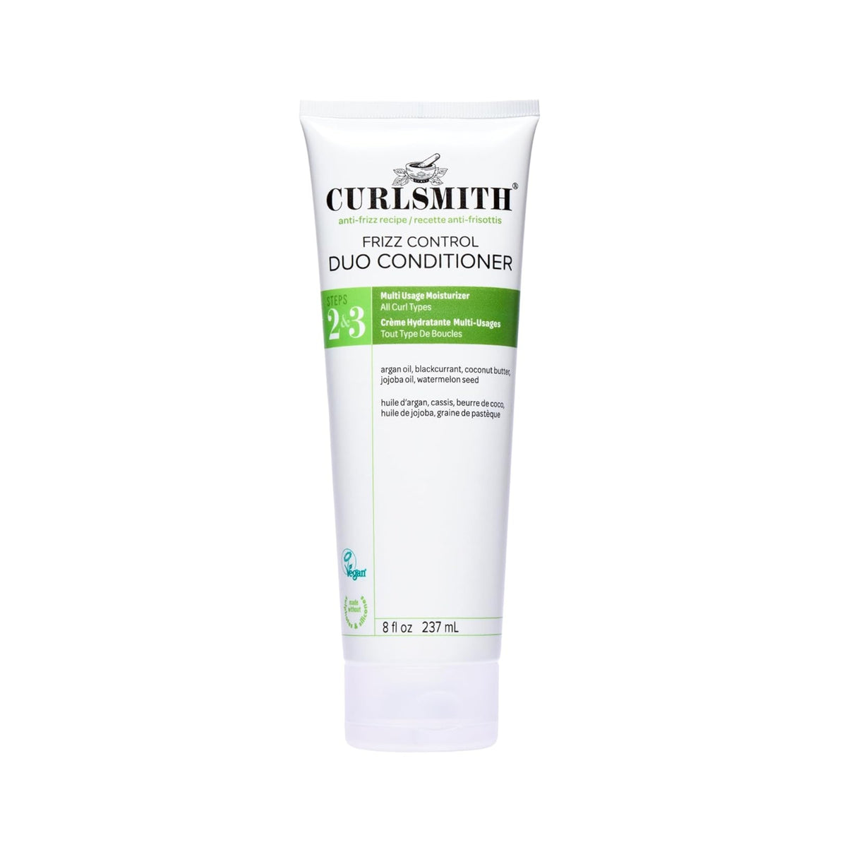 Curlsmith Frizz Control Duo Conditioner in white tube of 237 ml with green label for steps 2 and 3.