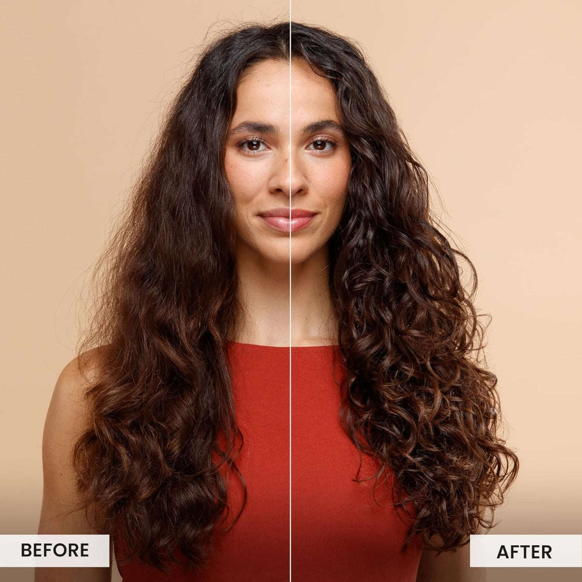 Before/after picture of curly hair: dry and frizzy curly hair on the left, soft and defined curly hair on the right.