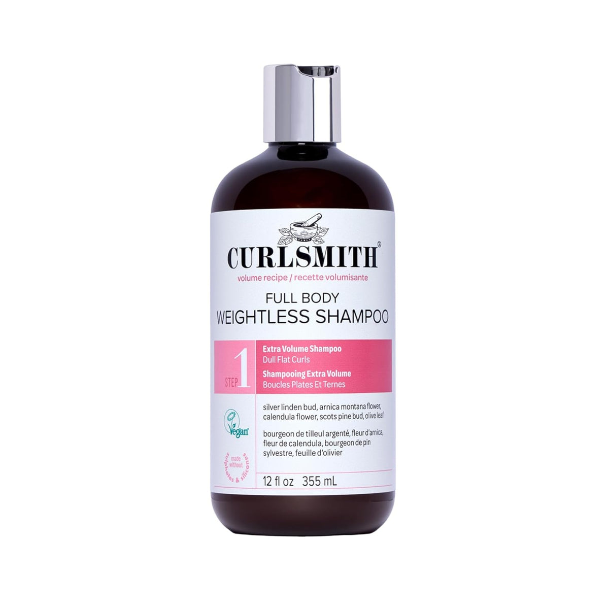 Curlsmith Full Body Weightless Shampoo, brown bottle with silver lid and pink step 1 label.