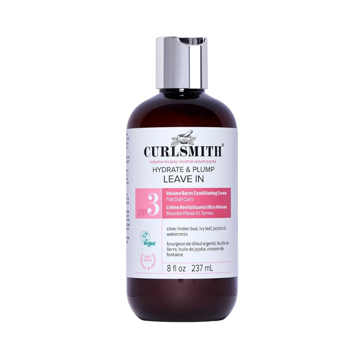 Curlsmith Hydrate & Plump Leave In bottle with silver lid, 237 ml volume conditioning cream for flat curls.