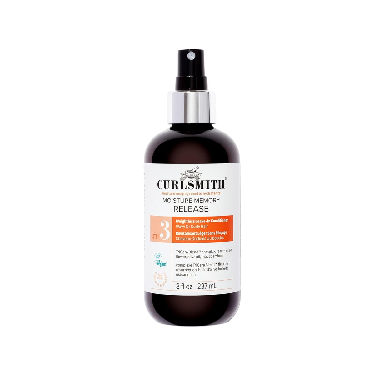 Curlsmith Moisture Memory Release brown glass spray bottle with white and orange label, 237 ml.