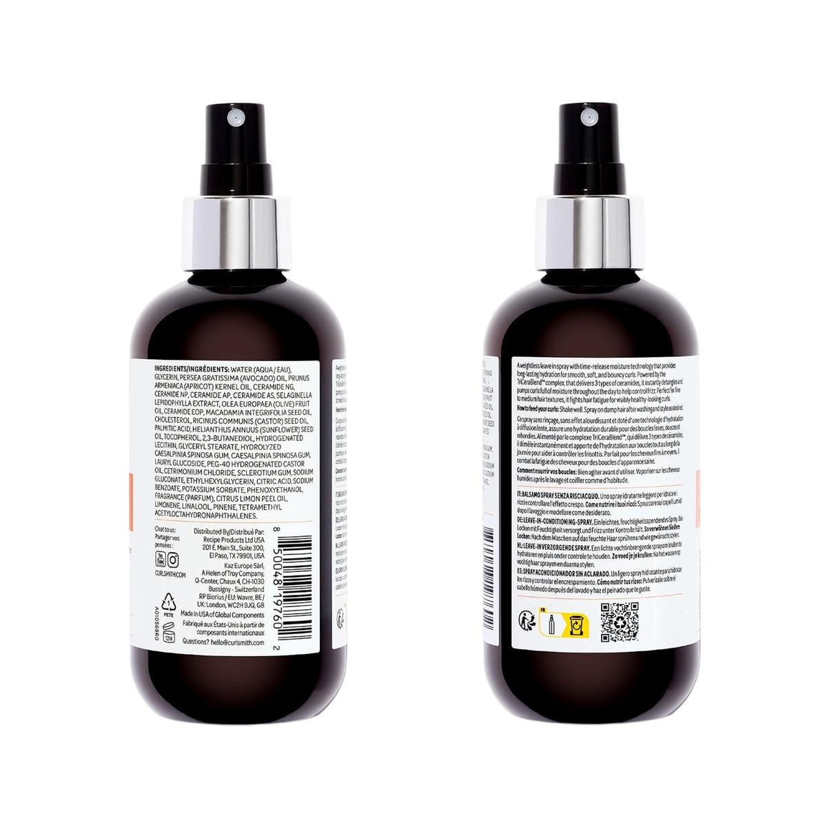 Two brown spray pump bottles with Curlsmith leave-in conditioning spray, ingredients and instructions on label.