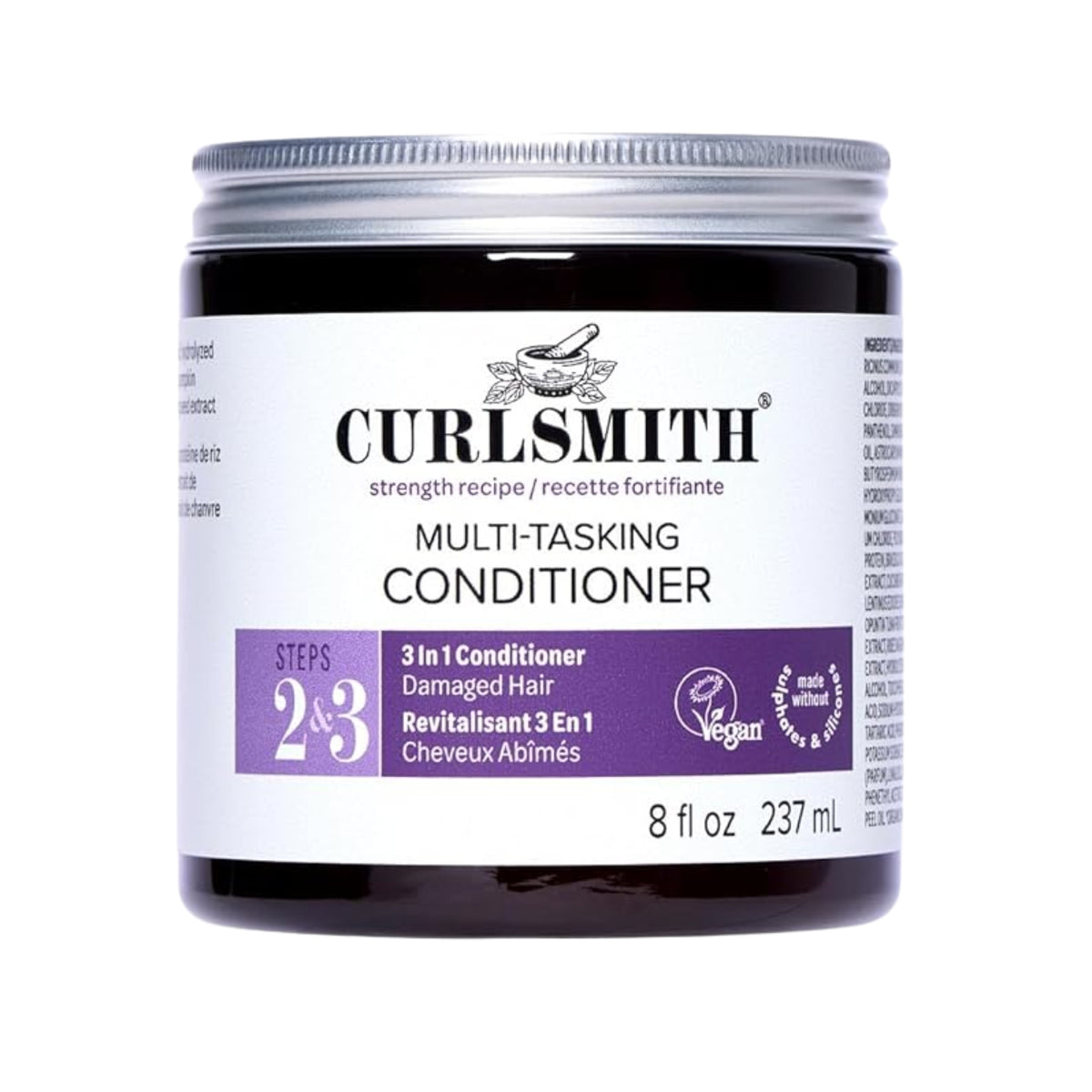 Curlsmith Multi-Tasking Conditioner in black jar with silver lid and purple label for damaged hair, 237 ml.