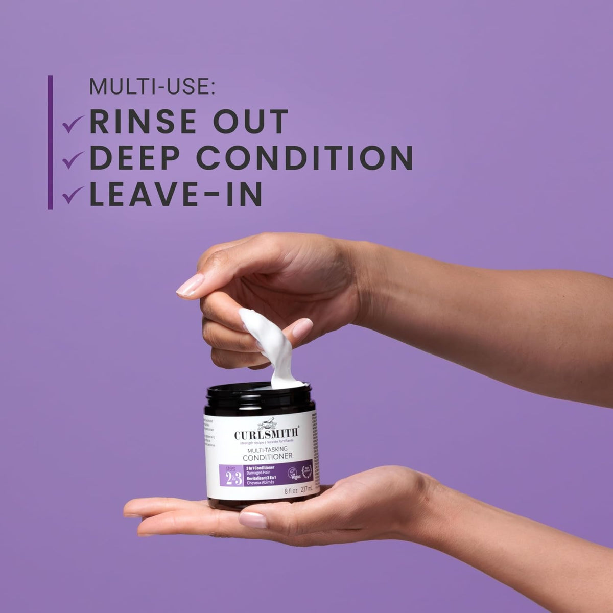Hand shaping cream from Curlsmith Multi-Tasking Conditioner, a 3-in-1 conditioner for rinse out, deep condition and leave-in.