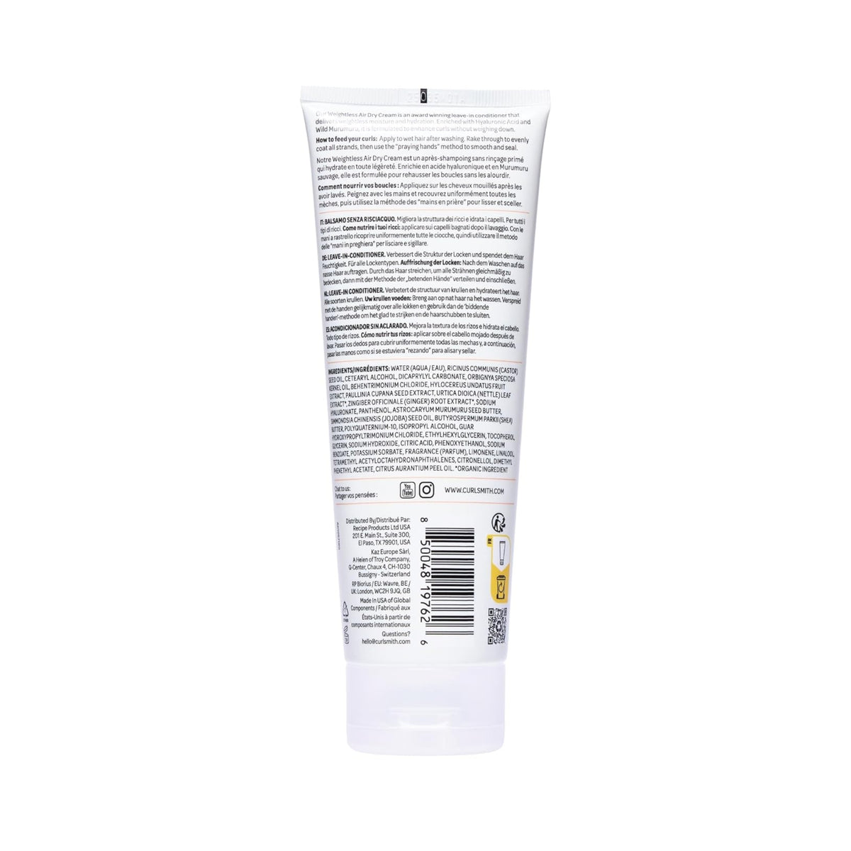 Curlsmith Weightless Air Dry Cream in white tube with instructions for use and list of ingredients in several languages.