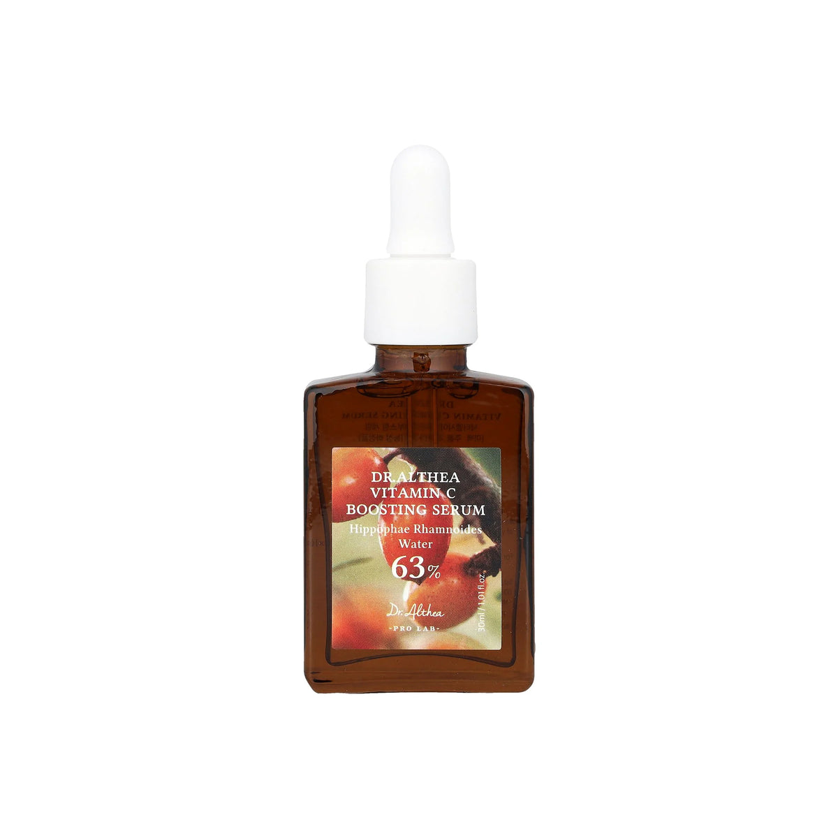 Dr.Althea Vitamin C Boosting Serum 30ml in brown glass bottle with white pipette and colorful label design.