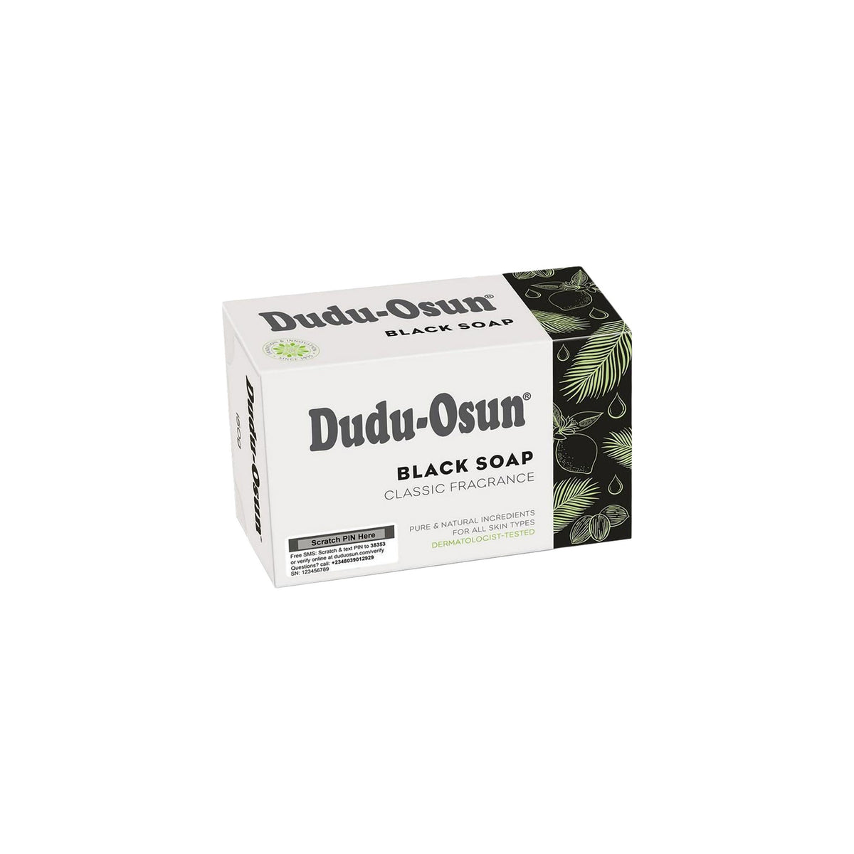 Dudu-Osun Black Soap (150g) in a white box with black writing and green palm leaves. Natural soap for all skin types with a classic scent.