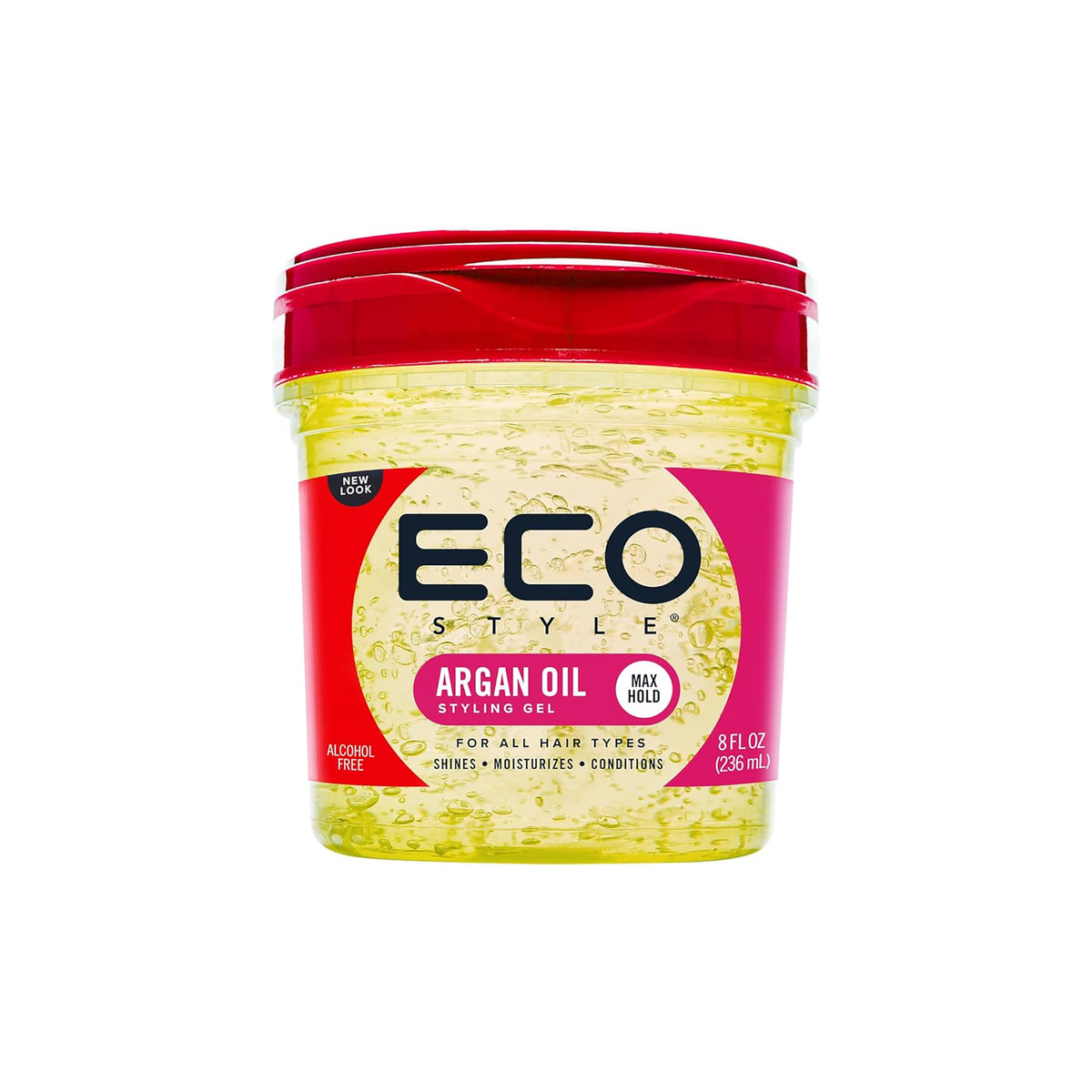 Yellow container Eco Style Styling Gel Argan Oil 236ml with red lid, alcohol-free gel with argan oil for maximum hold, shine and moisture.