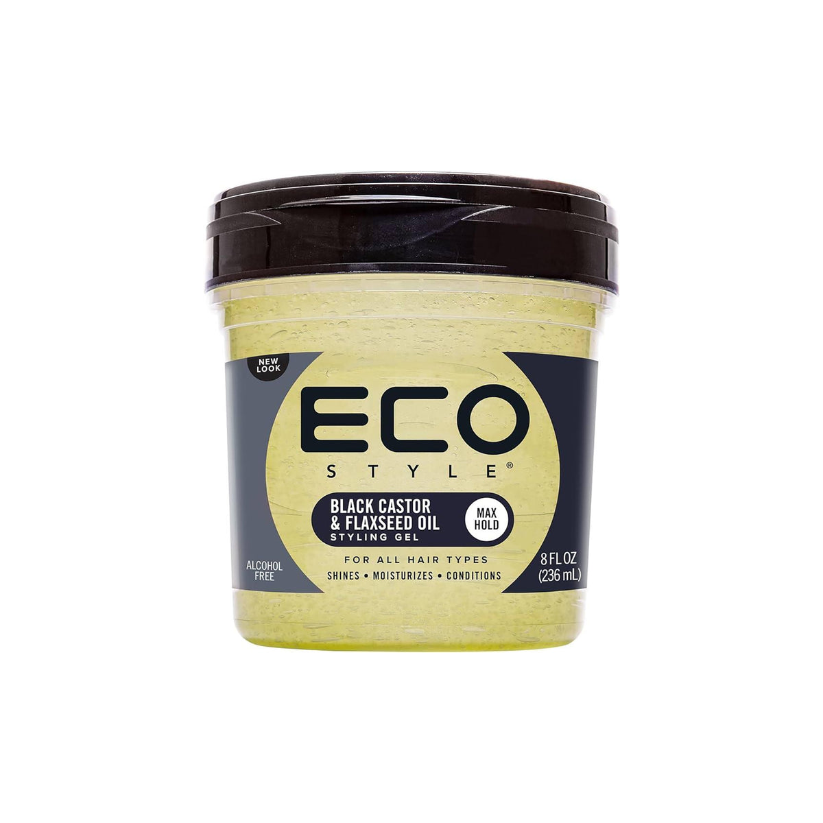 Yellow-green container Eco Style Styling Gel Black Castor & Flaxseed Oil 236ml with dark lid, alcohol-free gel with maximum hold and nourishing oils.