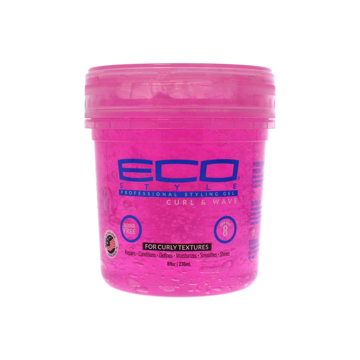 Pink container Eco Style Styling Gel Curl & Wave 236ml with transparent lid, alcohol-free gel for curly hair with medium strong hold and definition.