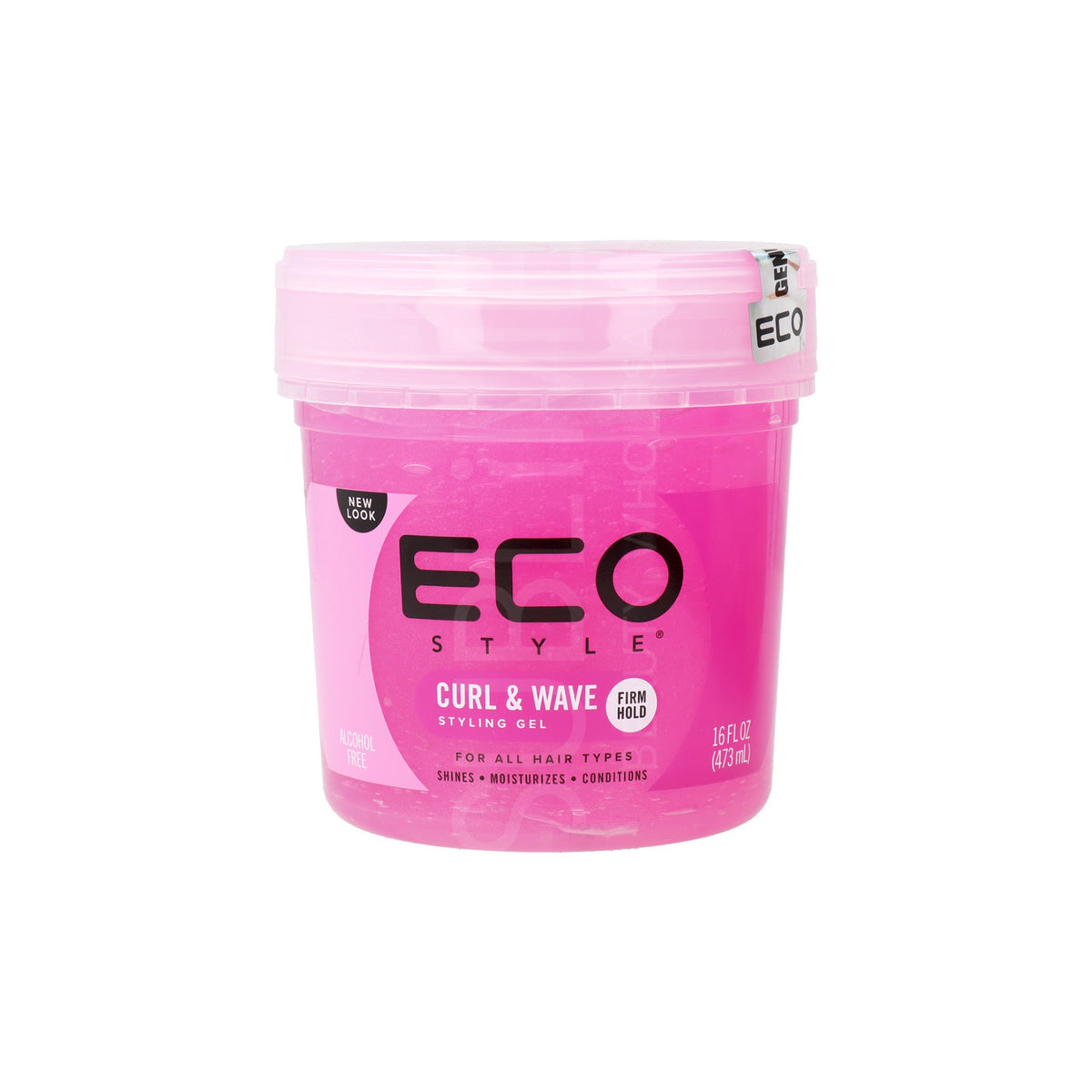 Pink container Eco Style Styling Gel Curl & Wave 473ml with transparent lid, alcohol-free gel for curly hair with medium strong hold and definition.