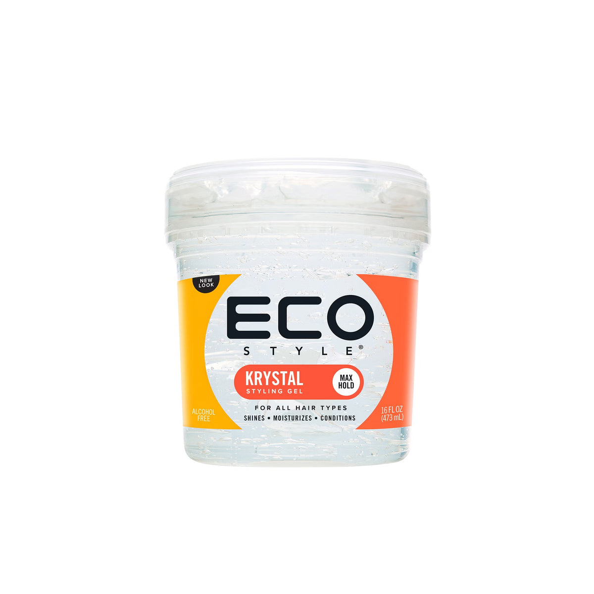 Clear container Eco Style Styling Gel Krystal 473ml with orange and yellow label, alcohol-free gel with maximum hold for all hair types.
