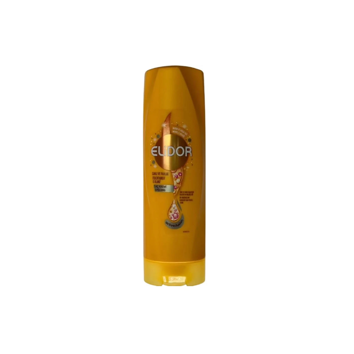 Yellow bottle of Elidor Shine & Smooth Conditioner 350ml with shine effect and nourishing ingredients for smooth and shiny hair.