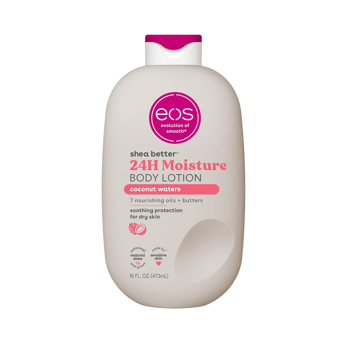 eos Shea Better 24H Moisture Body Lotion, coconut waters, cream bottle with pink lid, 473 ml.