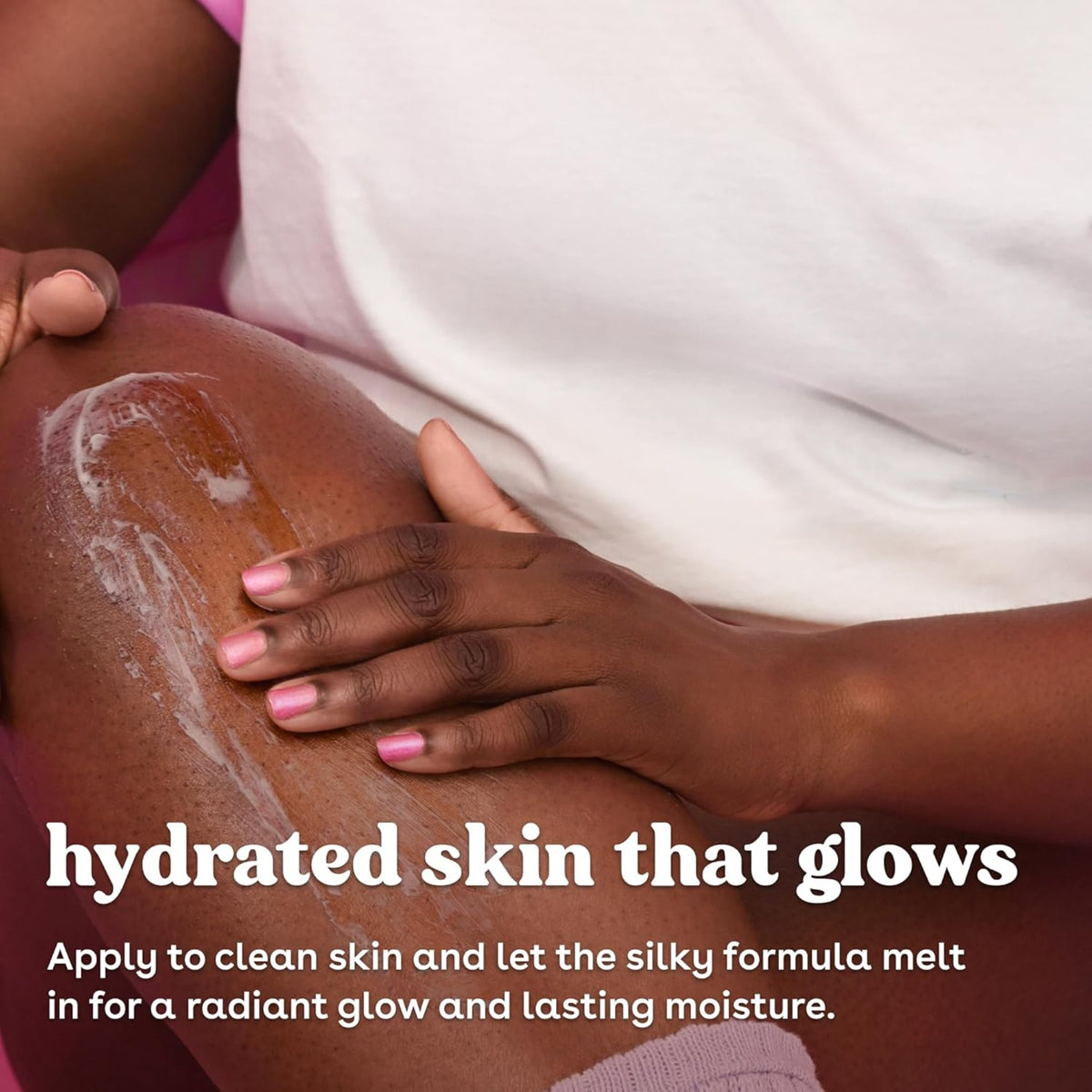 Hand with pink nails massaging cream into knee, text: hydrated skin that glows.