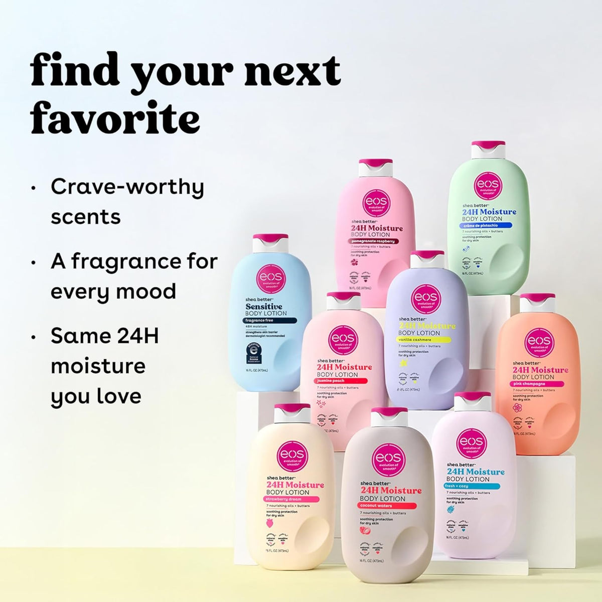 eos Shea Better 24H Moisture body lotion in nine colorful bottles with scents such as jasmine peach and vanilla cashmere.