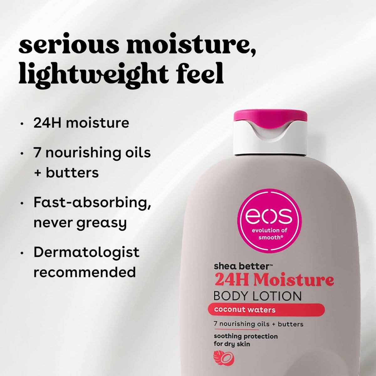 eos Shea Better 24H Moisture Body Lotion in pink bottle with pink lid, coconut water scent.