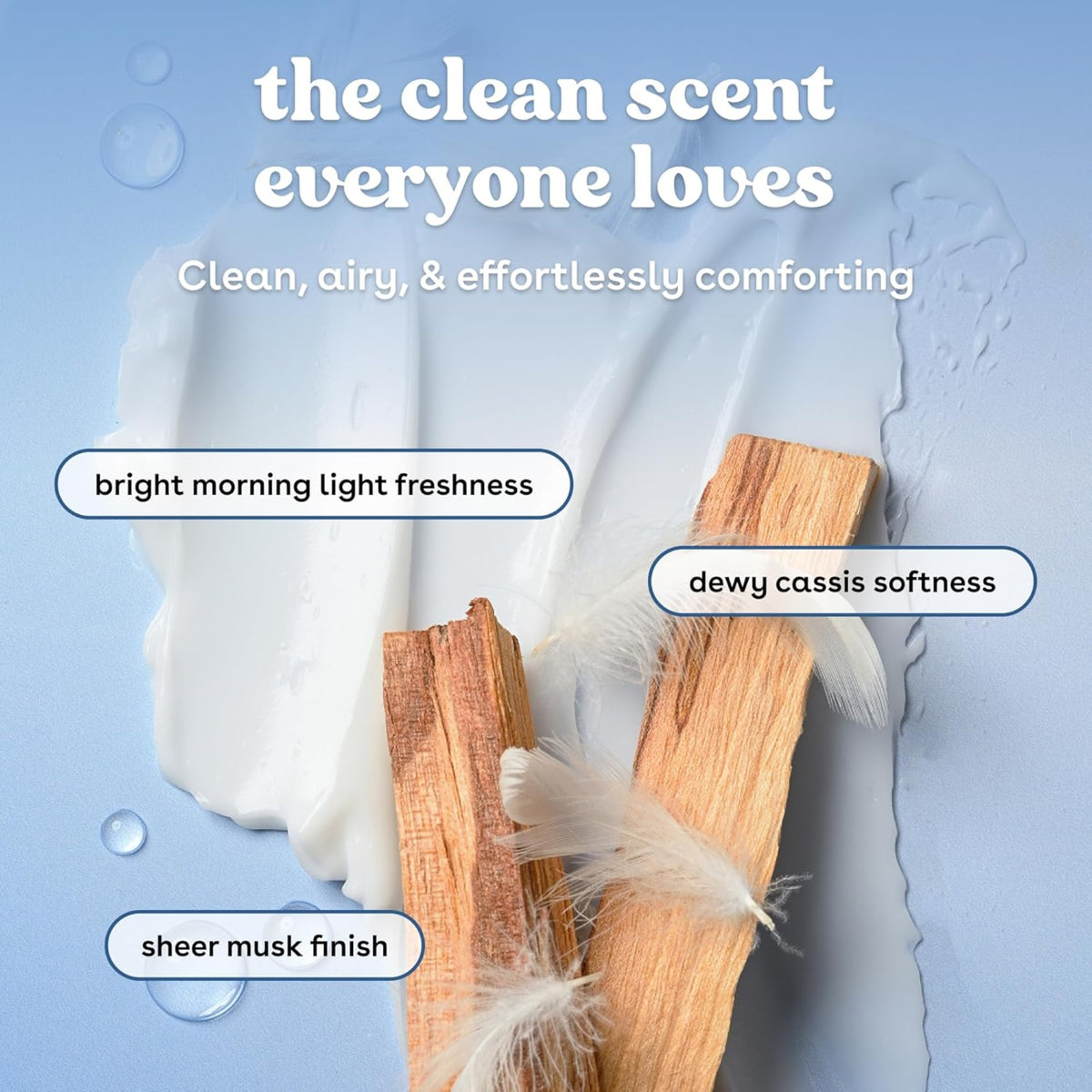Creamy white lotion with palo santo wood pieces and soft feathers illustrate fragrance notes of morning light, cassis and sheer musk.