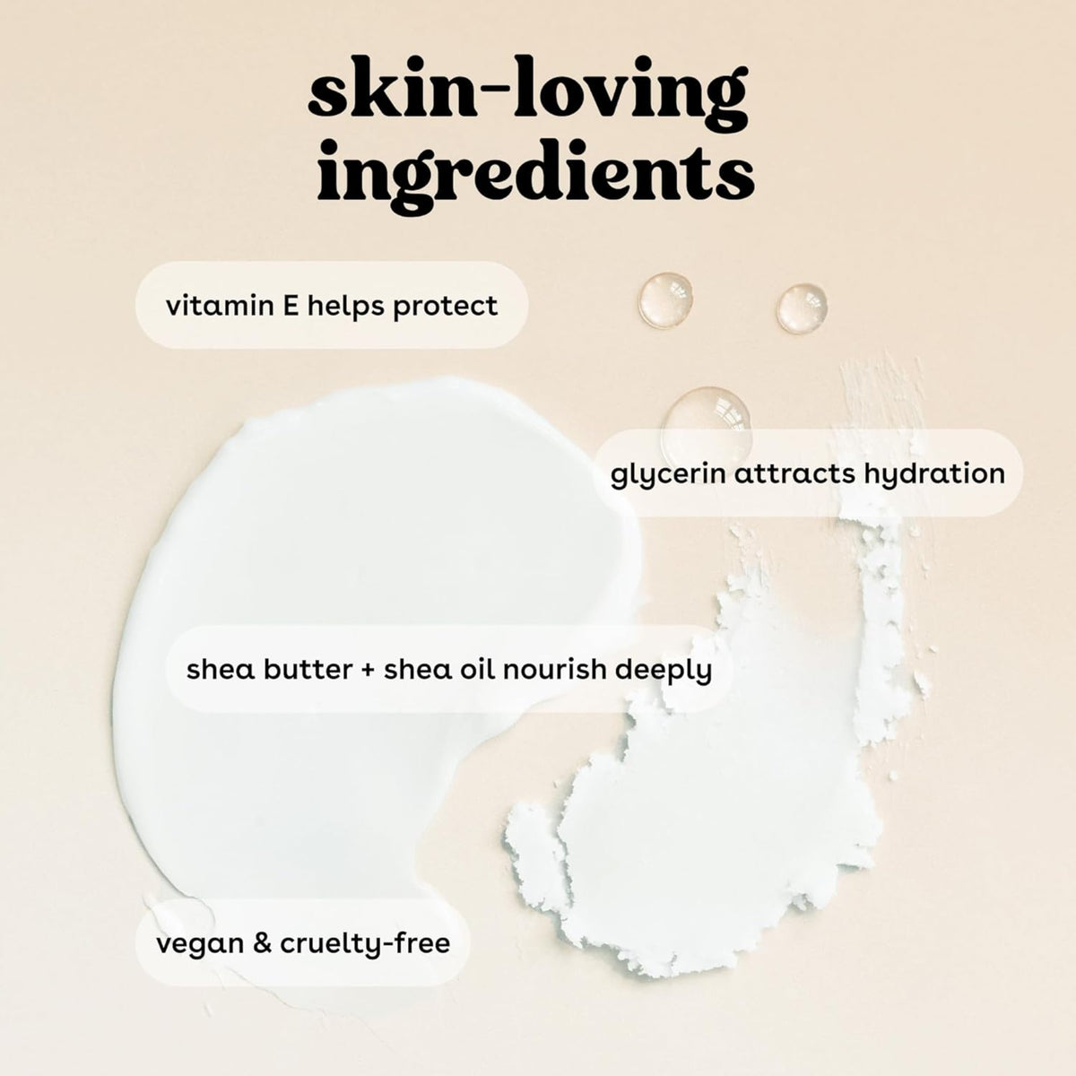 Creamy skin care product with text about skin-loving ingredients: vitamin E, glycerin, shea butter and shea oil, vegan and animal-friendly.